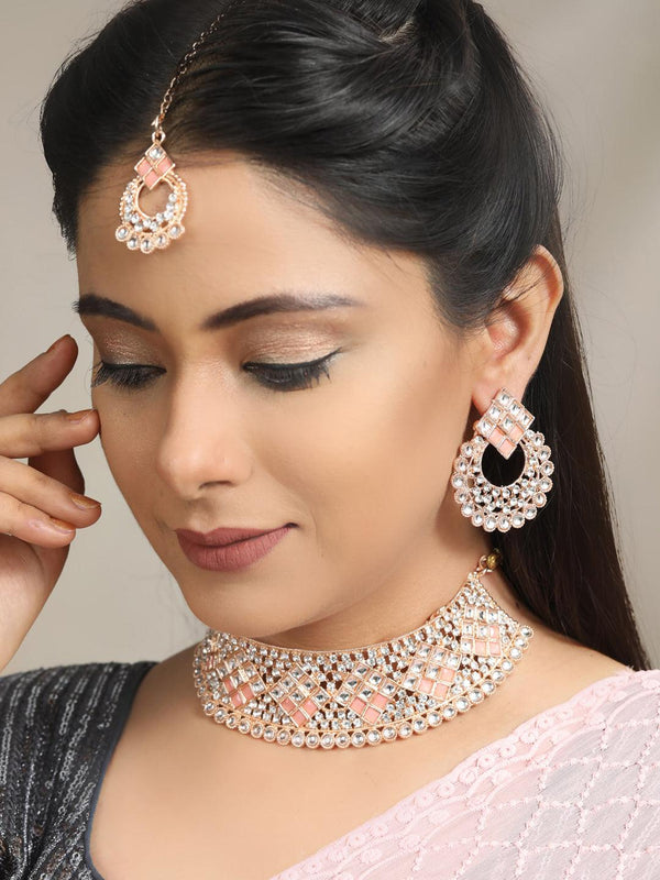 Women's Pink Kundan Stones Rose Gold Plated Choker Set with MaangTikka - Priyaasi - Indiakreations