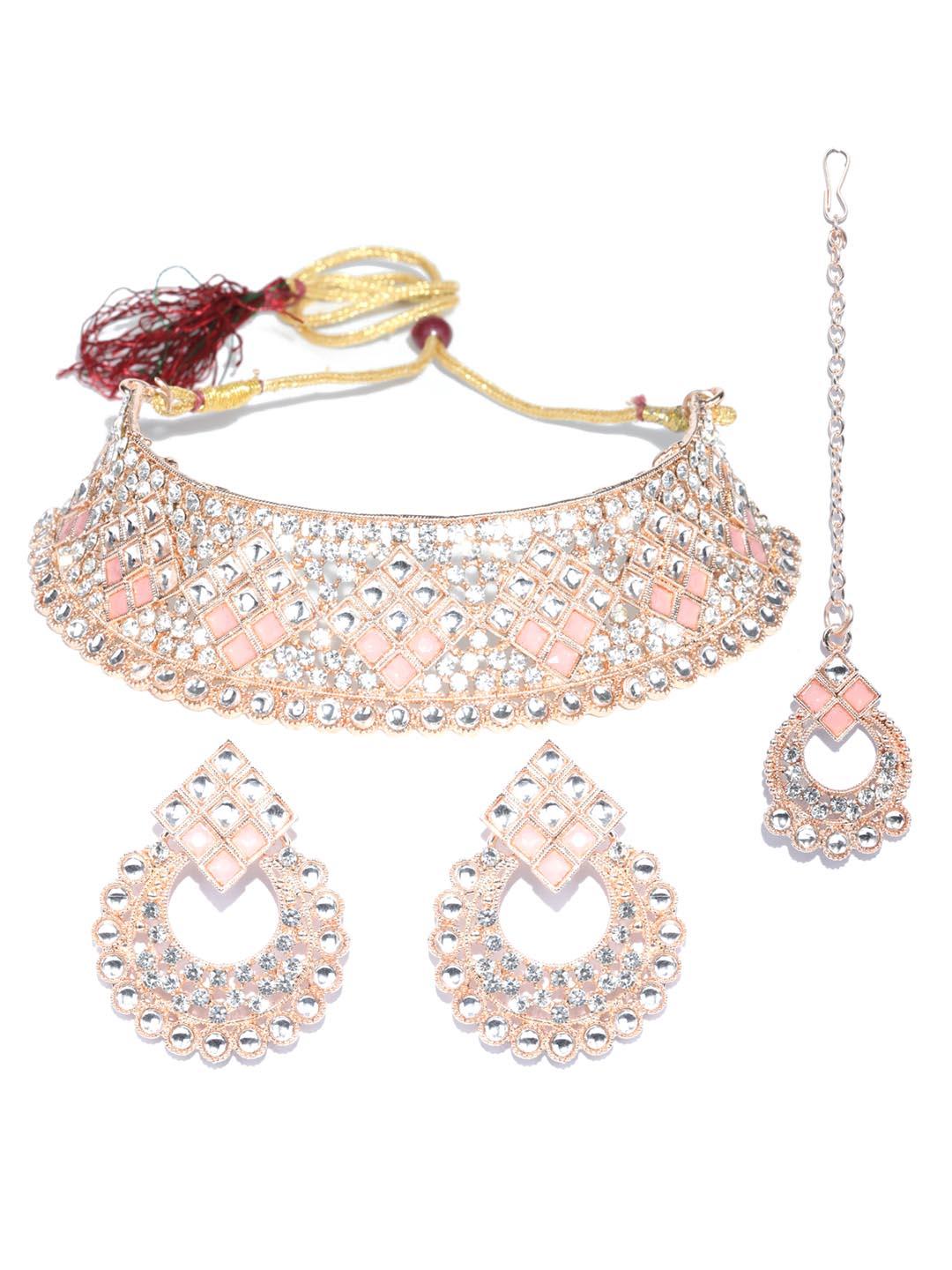 Women's Pink Kundan Stones Rose Gold Plated Choker Set with MaangTikka - Priyaasi - Indiakreations