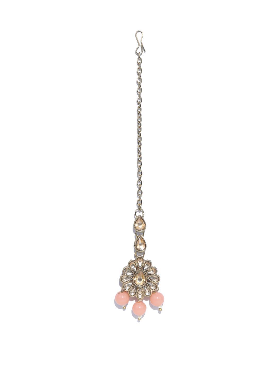 Women's Pink Kundan Stones Rose Gold Plated Choker Set with MaangTikka - Priyaasi - Indiakreations