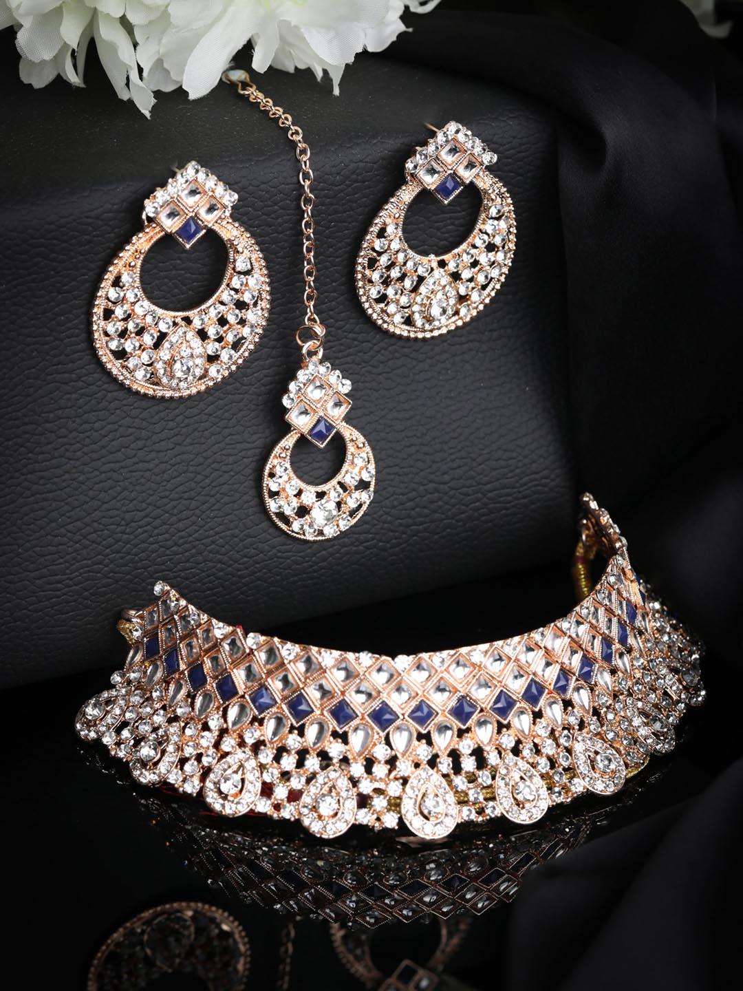 Women's Bright Blues - Kundan Stones Rose Gold-Plated Choker Set with MaangTikka - Priyaasi - Indiakreations