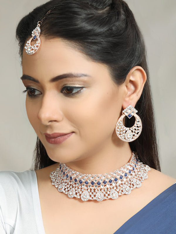 Women's Bright Blues - Kundan Stones Rose Gold-Plated Choker Set with MaangTikka - Priyaasi