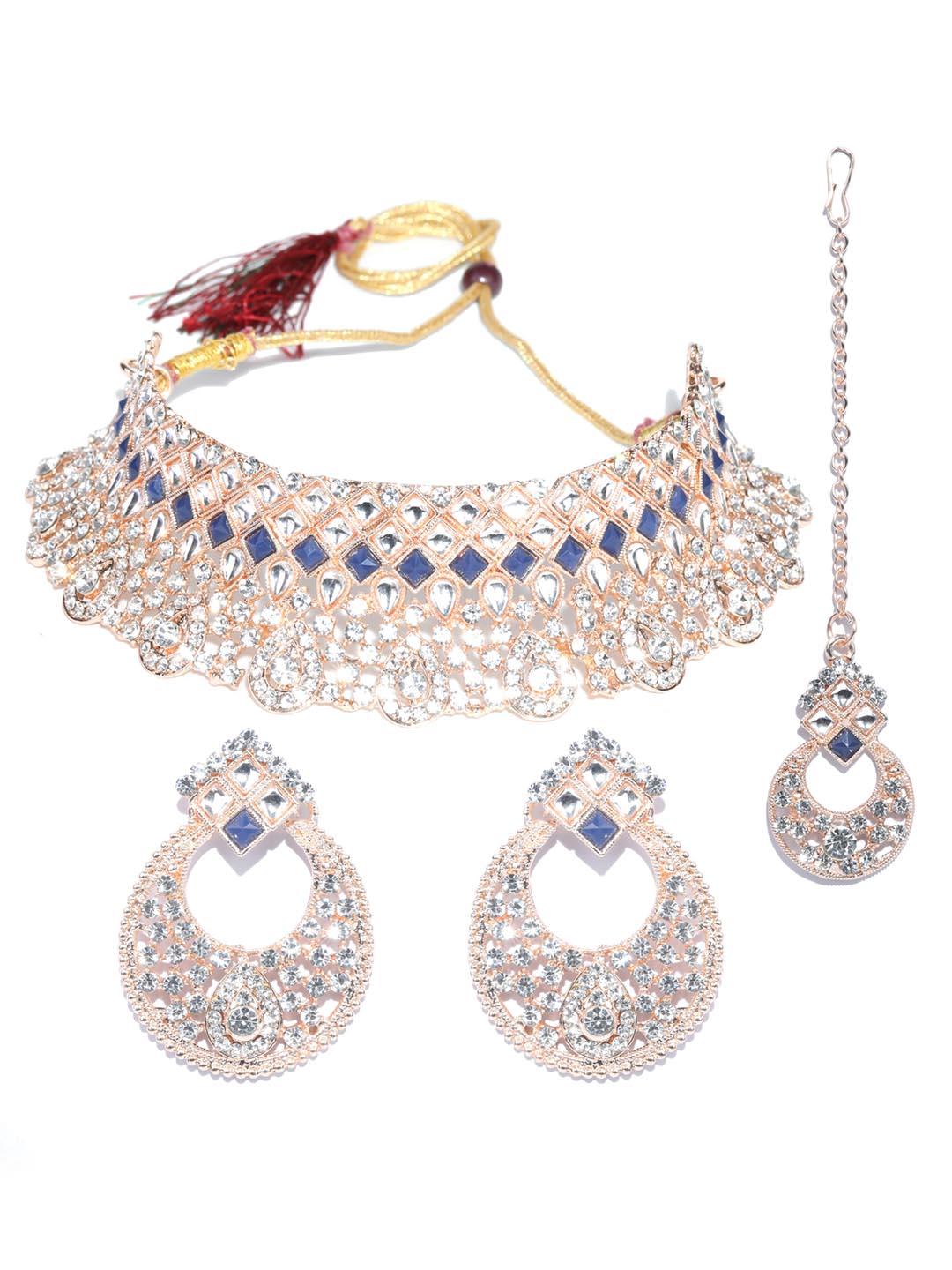 Women's Bright Blues - Kundan Stones Rose Gold-Plated Choker Set with MaangTikka - Priyaasi - Indiakreations