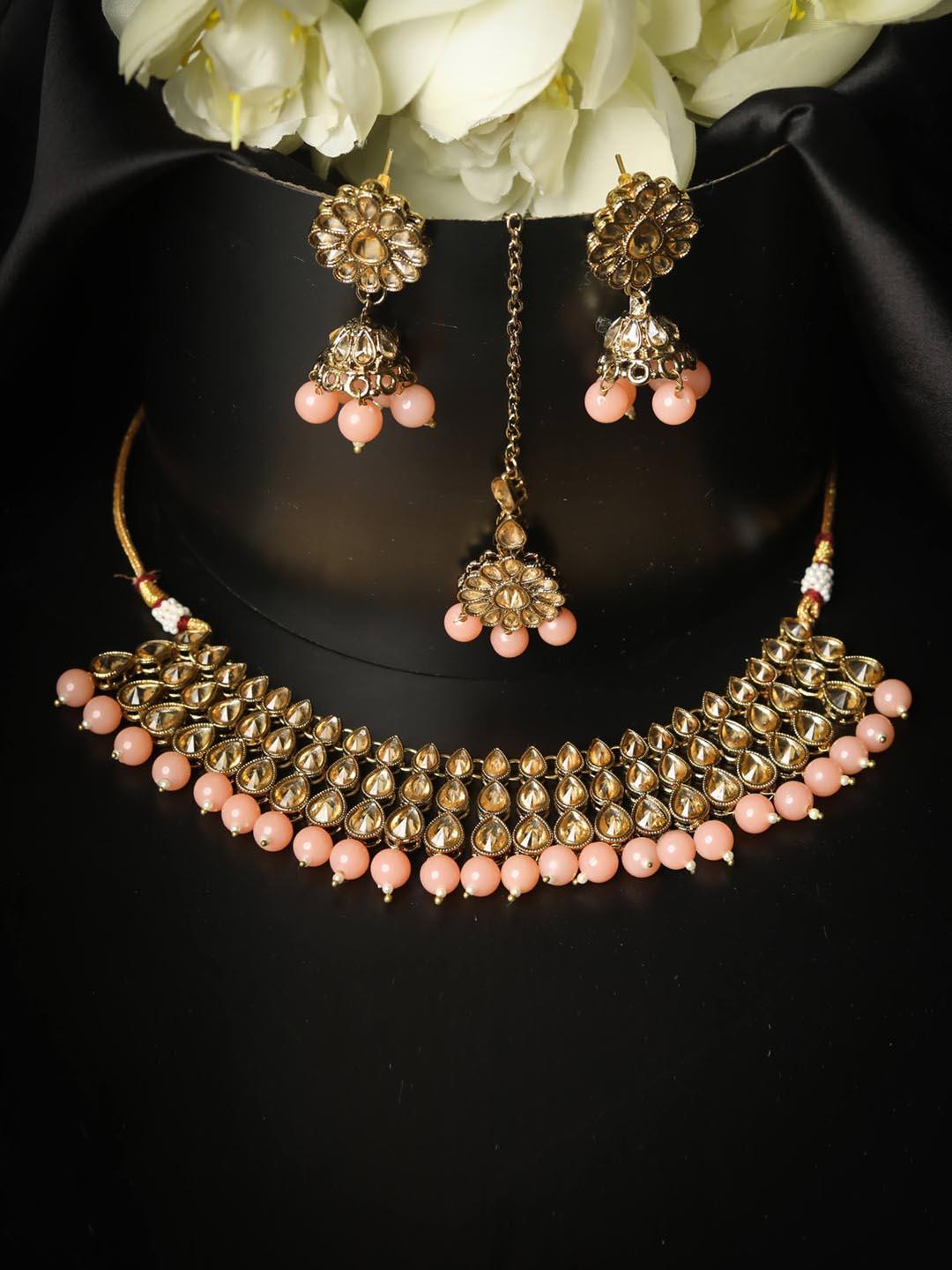 Women's Peach Kundan Stones Gold Plated Choker Set with MaangTikka - Priyaasi - Indiakreations