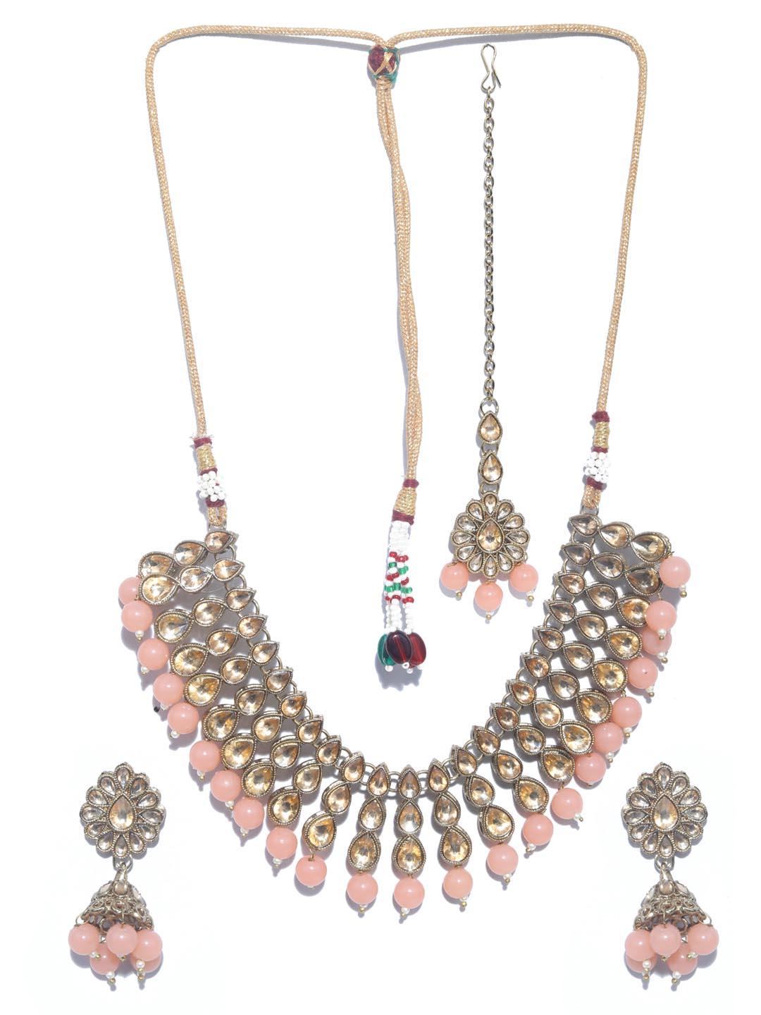 Women's Peach Kundan Stones Gold Plated Choker Set with MaangTikka - Priyaasi - Indiakreations