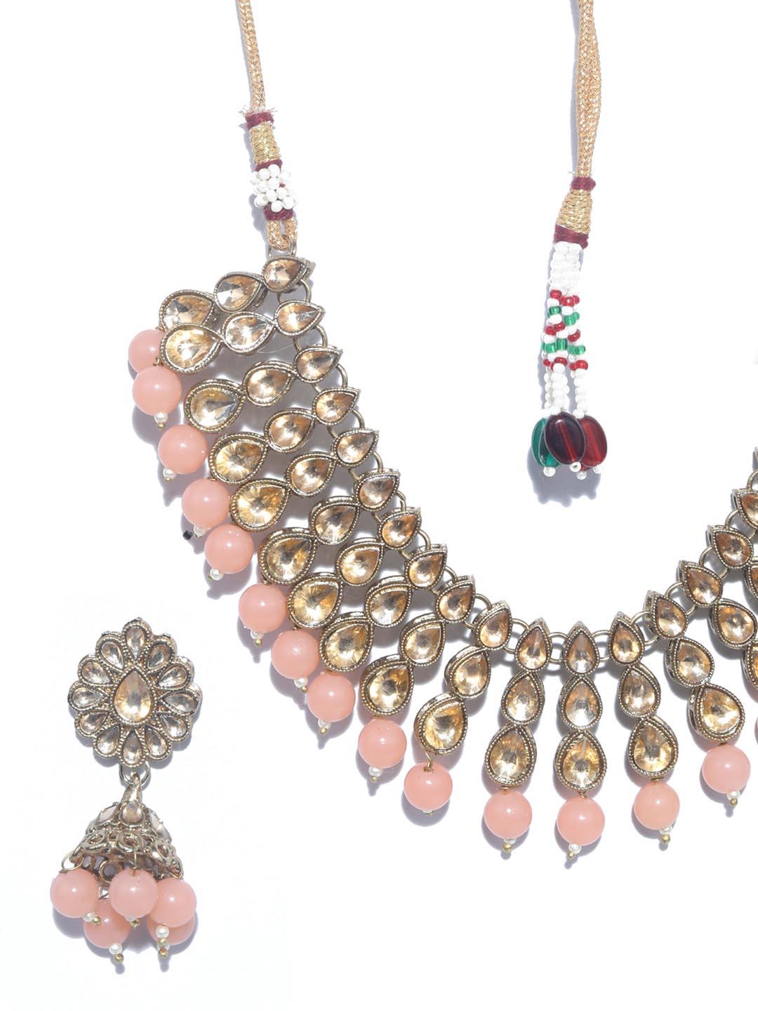 Women's Peach Kundan Stones Gold Plated Choker Set with MaangTikka - Priyaasi - Indiakreations