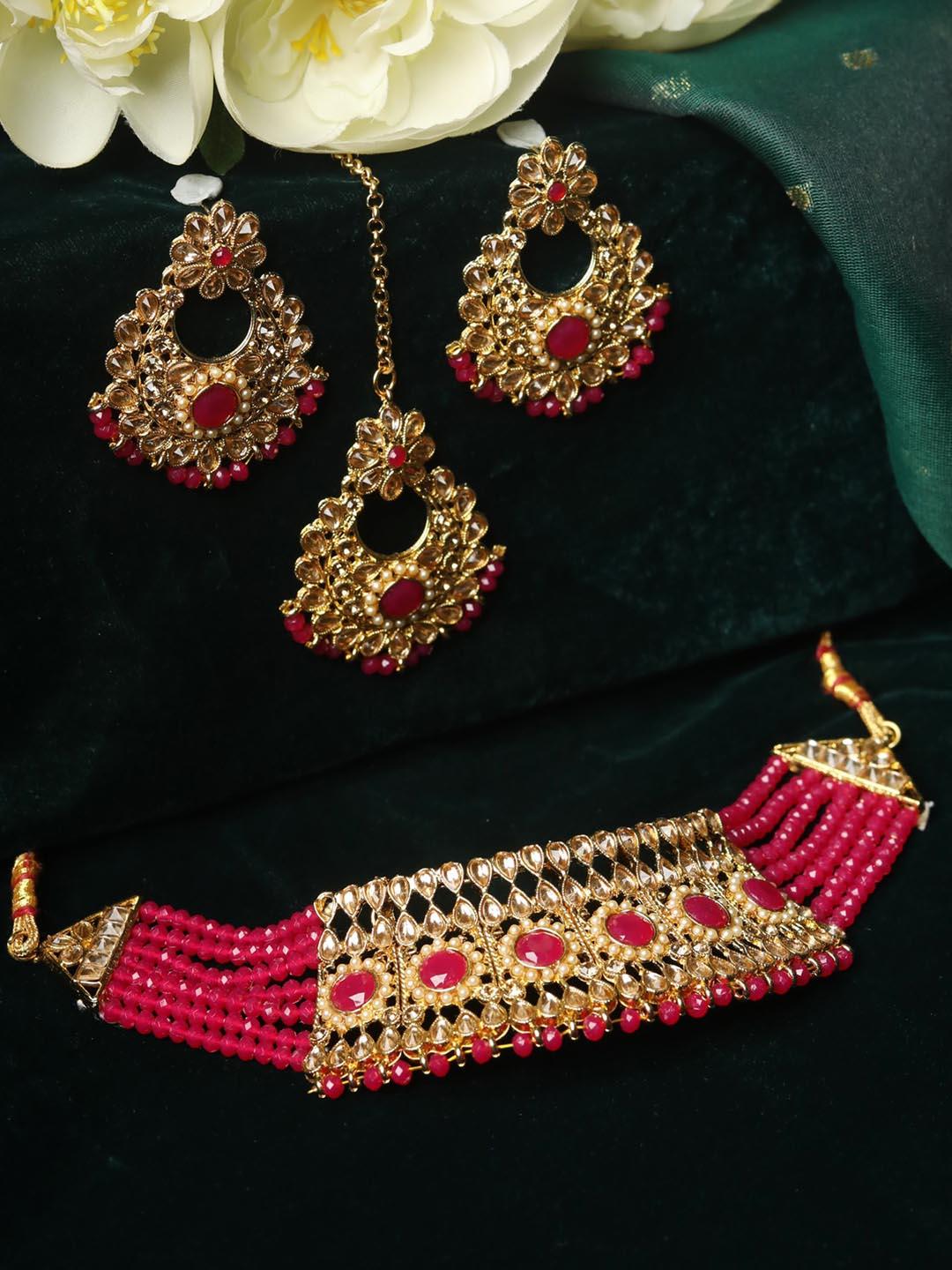 Women's Red Kundan Pearls Gold Plated Choker Set with Maang Tikka - Priyaasi - Indiakreations