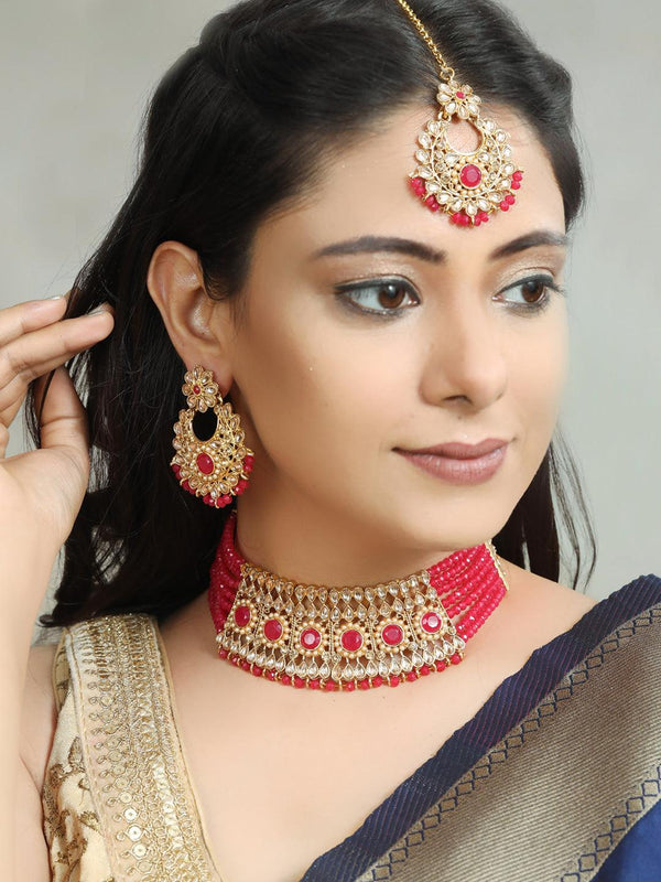 Women's Red Kundan Pearls Gold Plated Choker Set with Maang Tikka - Priyaasi - Indiakreations