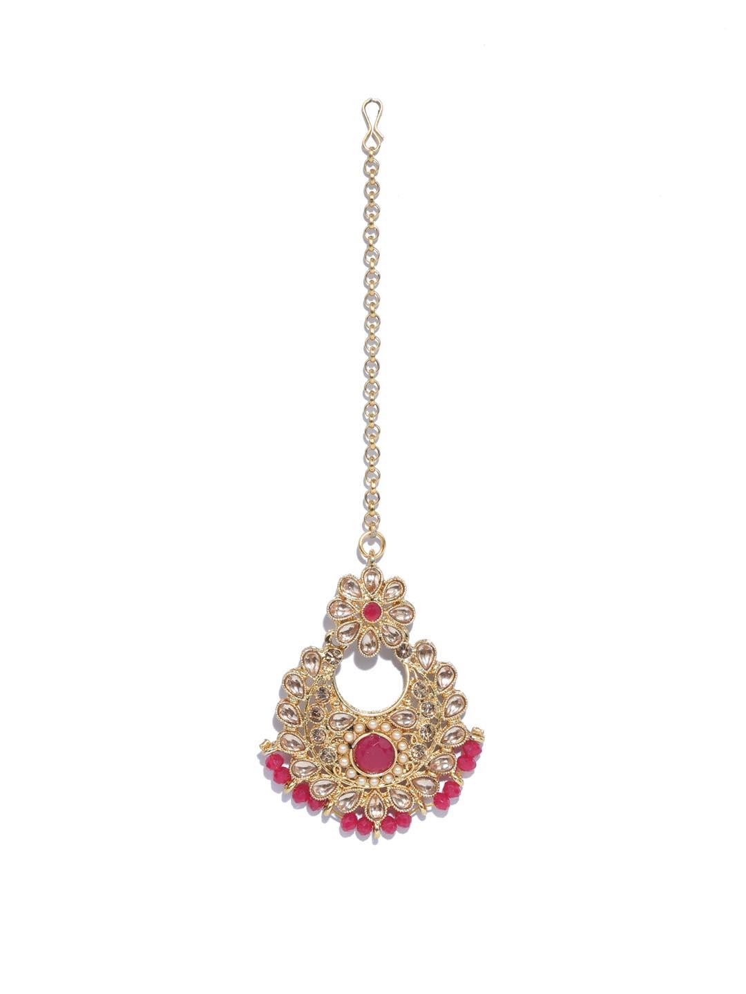 Women's Red Kundan Pearls Gold Plated Choker Set with Maang Tikka - Priyaasi - Indiakreations