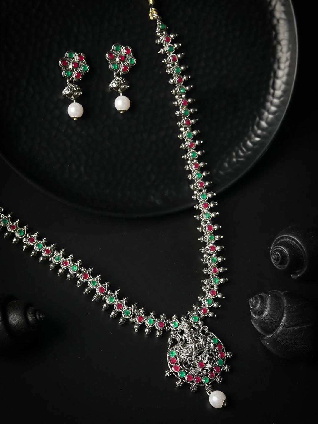 Women's Green Ruby Emerald German Silver Plated Jewellery Set - Priyaasi - Indiakreations