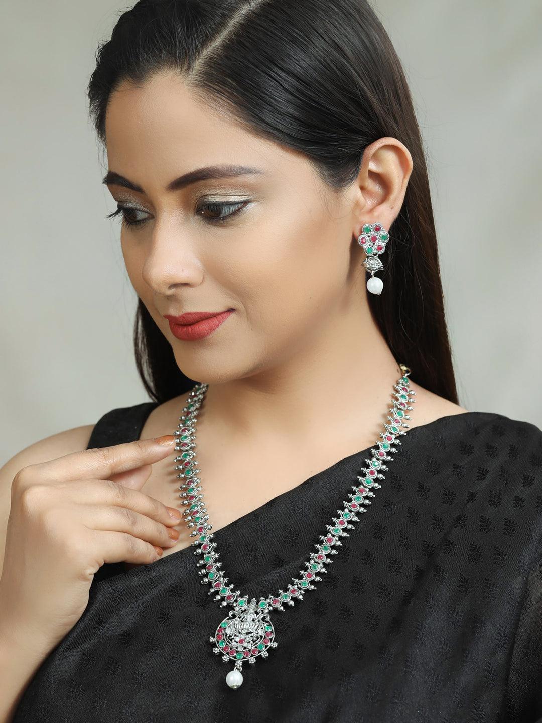 Women's Green Ruby Emerald German Silver Plated Jewellery Set - Priyaasi - Indiakreations