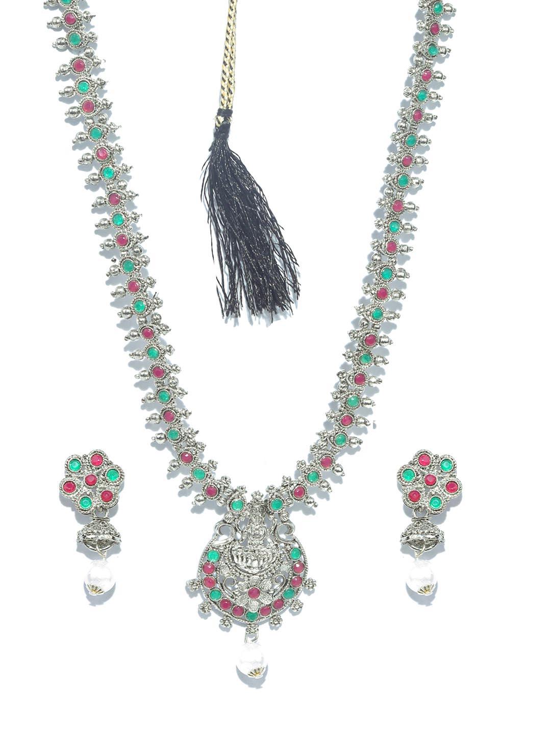 Women's Green Ruby Emerald German Silver Plated Jewellery Set - Priyaasi - Indiakreations