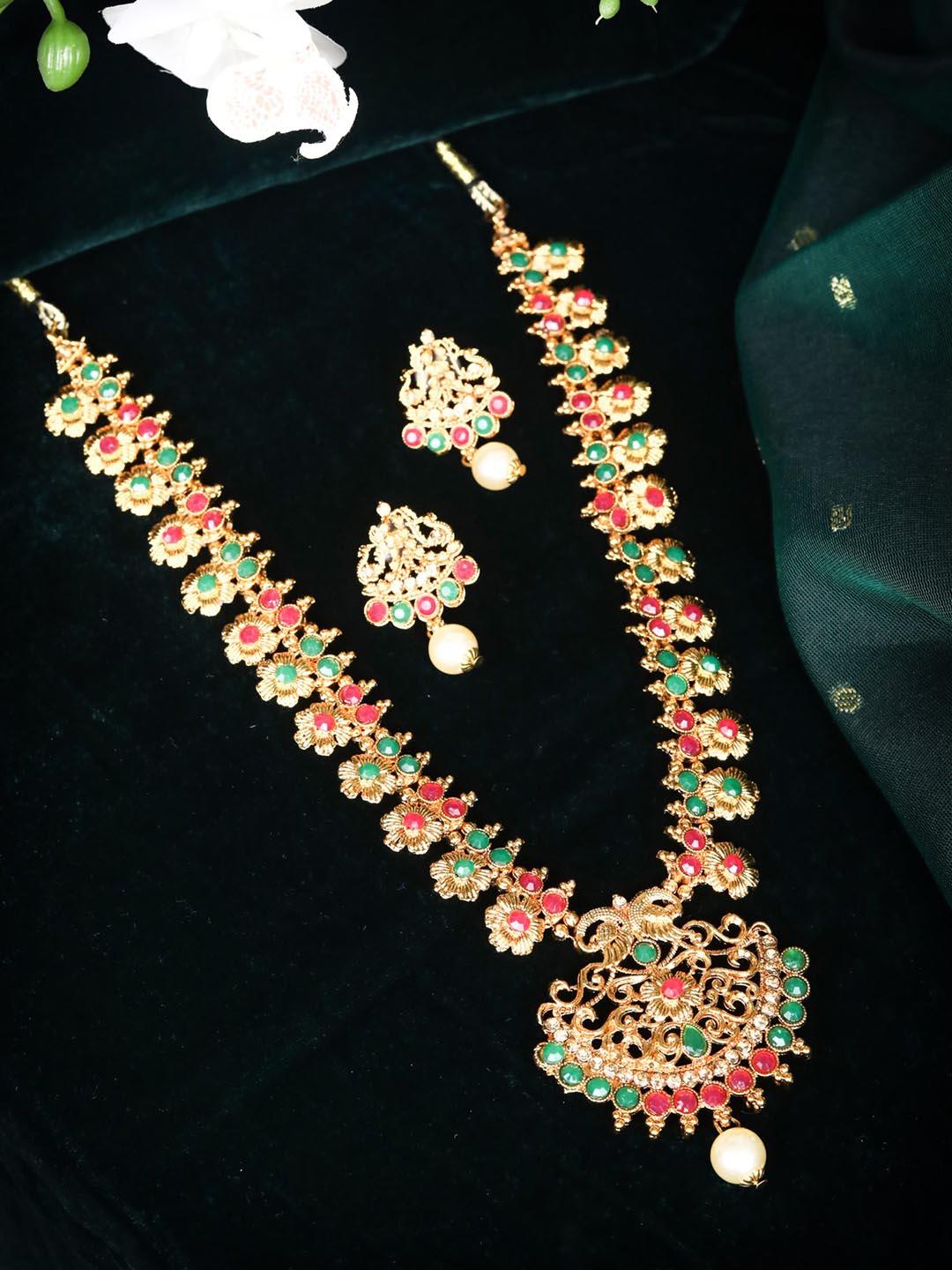 Women's Green Kemp Stones Pearls Gold Plated Jewellery Set - Priyaasi - Indiakreations