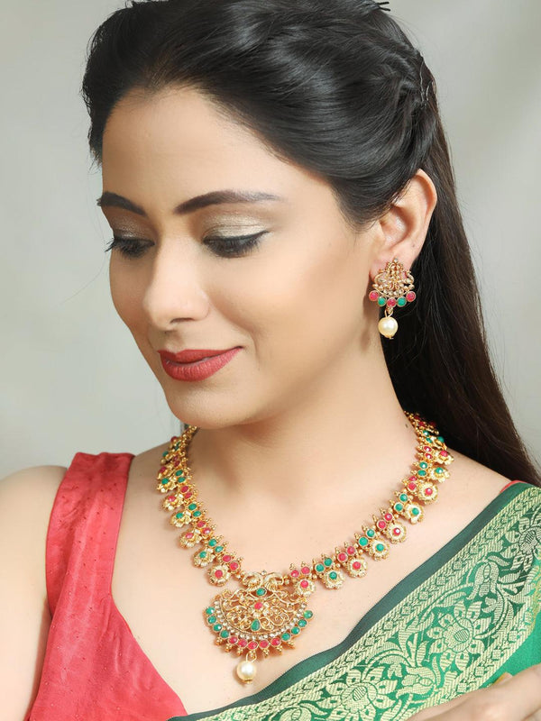 Women's Green Kemp Stones Pearls Gold Plated Jewellery Set - Priyaasi - Indiakreations