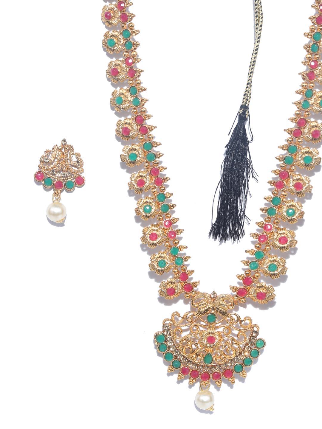 Women's Green Kemp Stones Pearls Gold Plated Jewellery Set - Priyaasi - Indiakreations