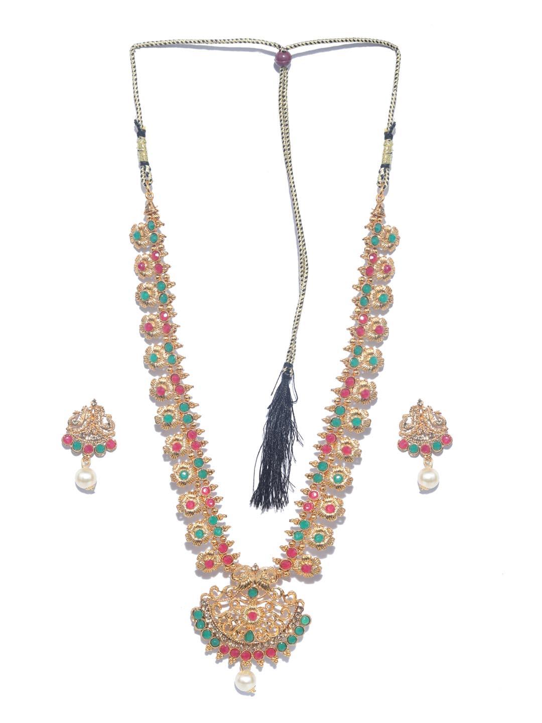 Women's Green Kemp Stones Pearls Gold Plated Jewellery Set - Priyaasi - Indiakreations