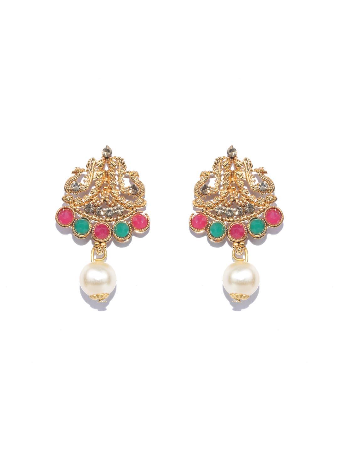 Women's Green Kemp Stones Pearls Gold Plated Jewellery Set - Priyaasi - Indiakreations