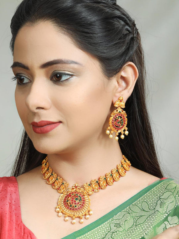 Women's Green Ruby Kemp Stones Gold Plated Jewellery Set - Priyaasi - Indiakreations