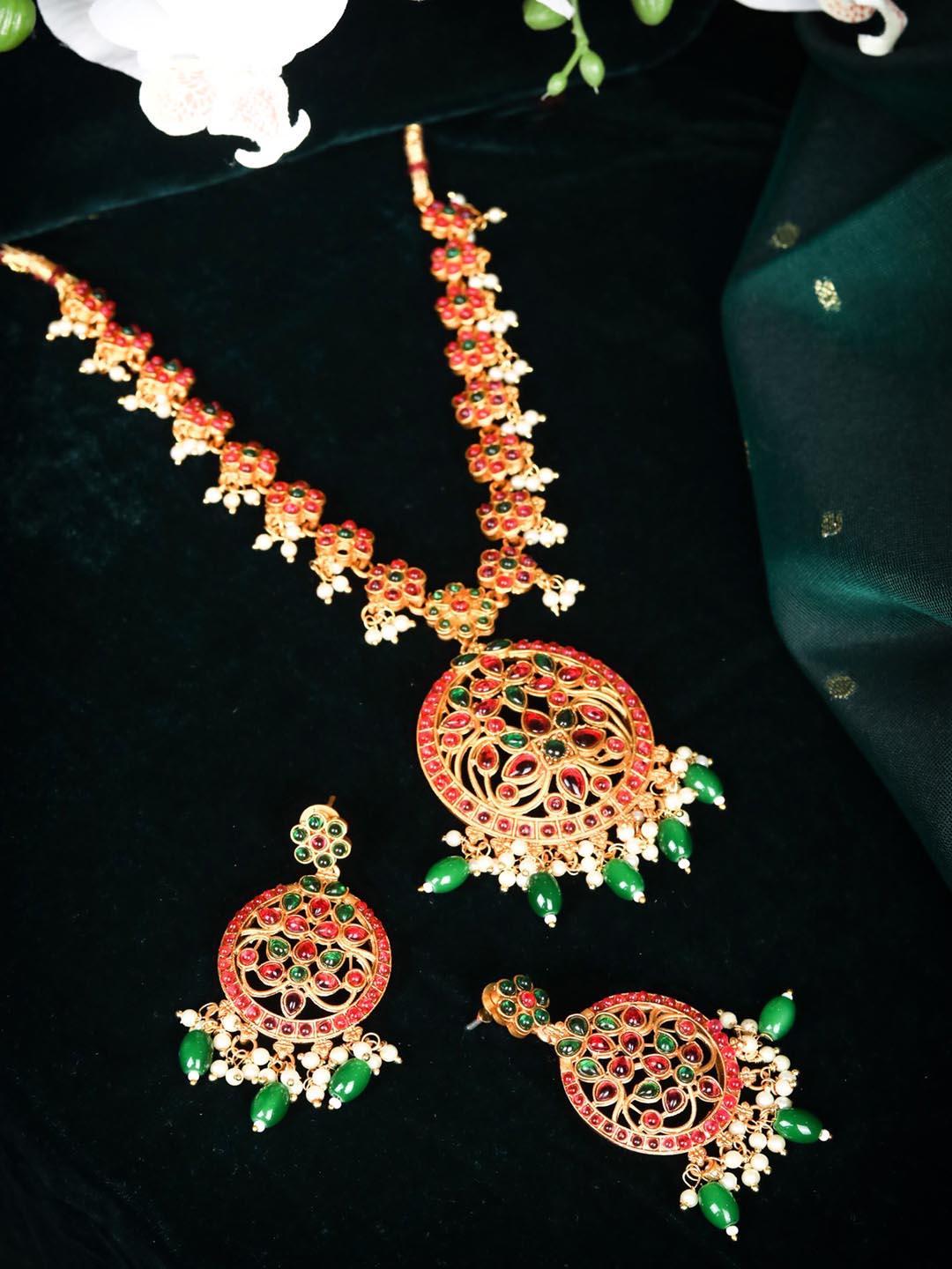 Women's Green Ruby Kemp Stones Gold Plated Jewellery Set - Priyaasi - Indiakreations