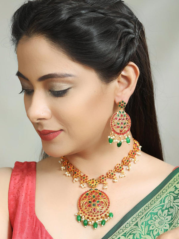 Women's Green Ruby Kemp Stones Gold Plated Jewellery Set - Priyaasi - Indiakreations