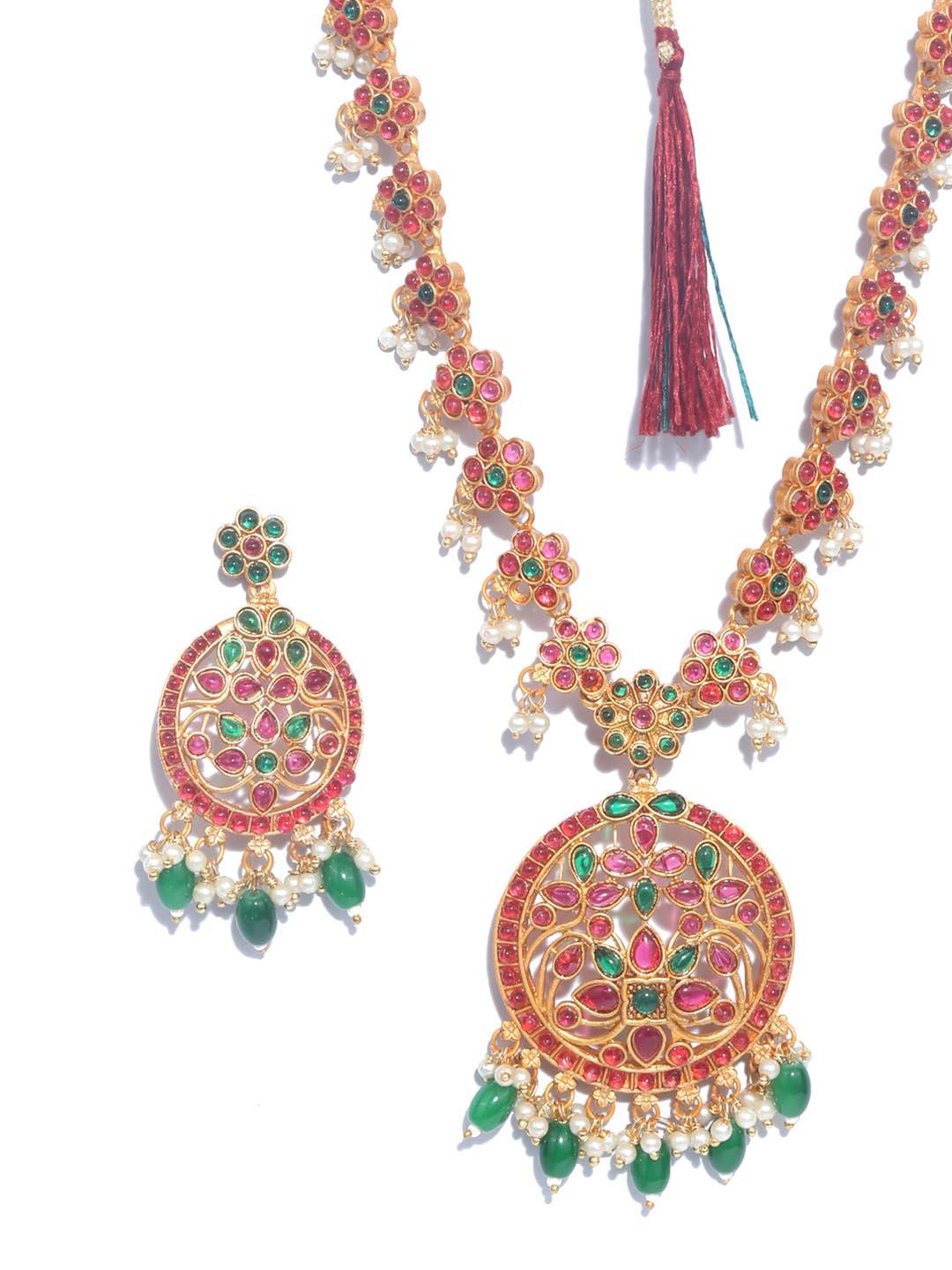 Women's Green Ruby Kemp Stones Gold Plated Jewellery Set - Priyaasi - Indiakreations