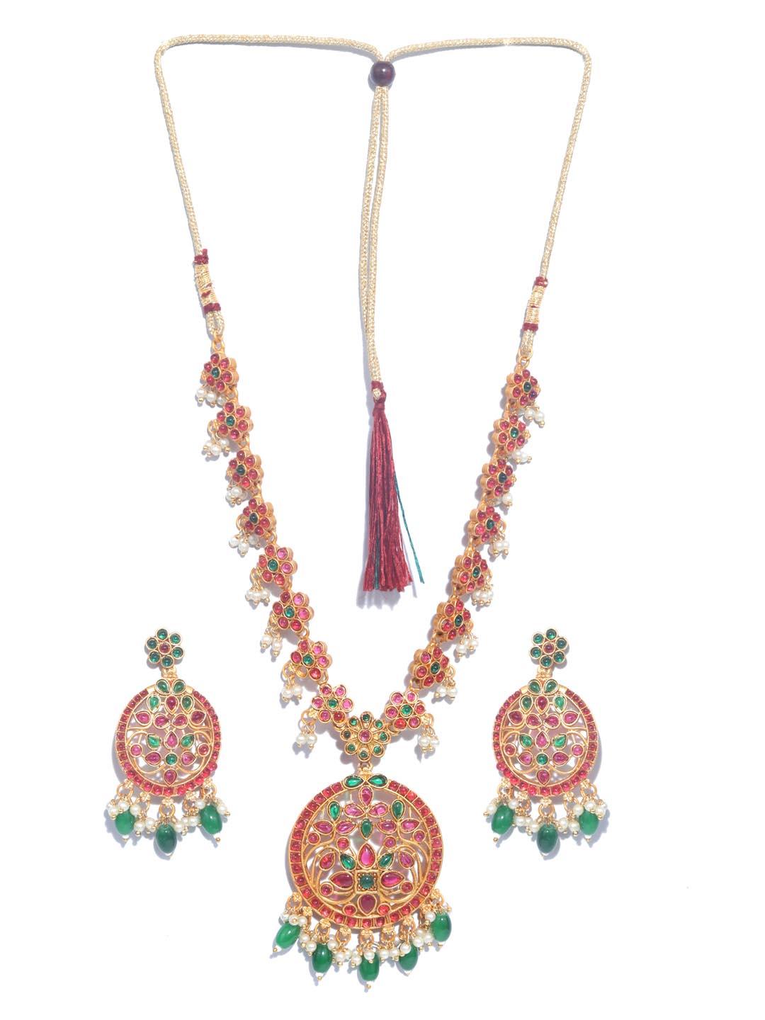 Women's Green Ruby Kemp Stones Gold Plated Jewellery Set - Priyaasi - Indiakreations