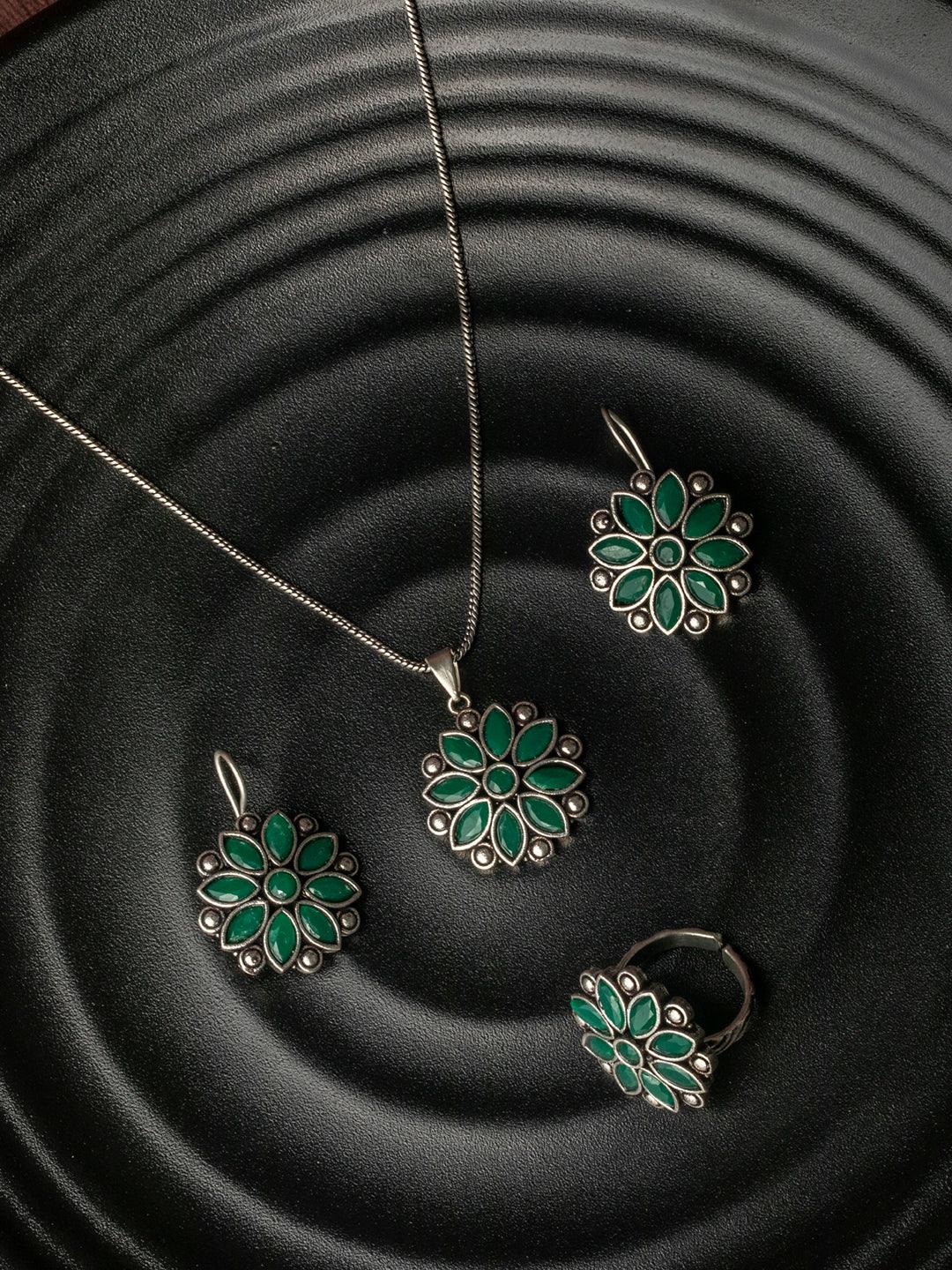 Women's Green Floral Silver Plated Jewellery Set- Priyaasi - Indiakreations