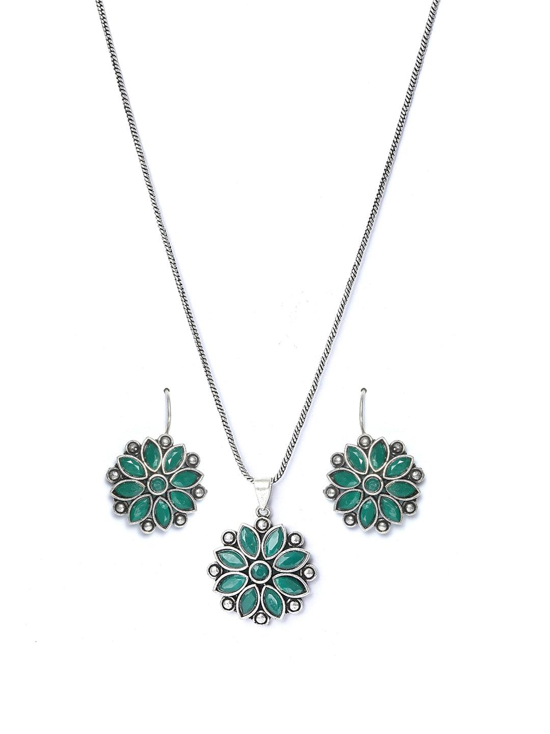 Women's Green Floral Silver Plated Jewellery Set- Priyaasi - Indiakreations