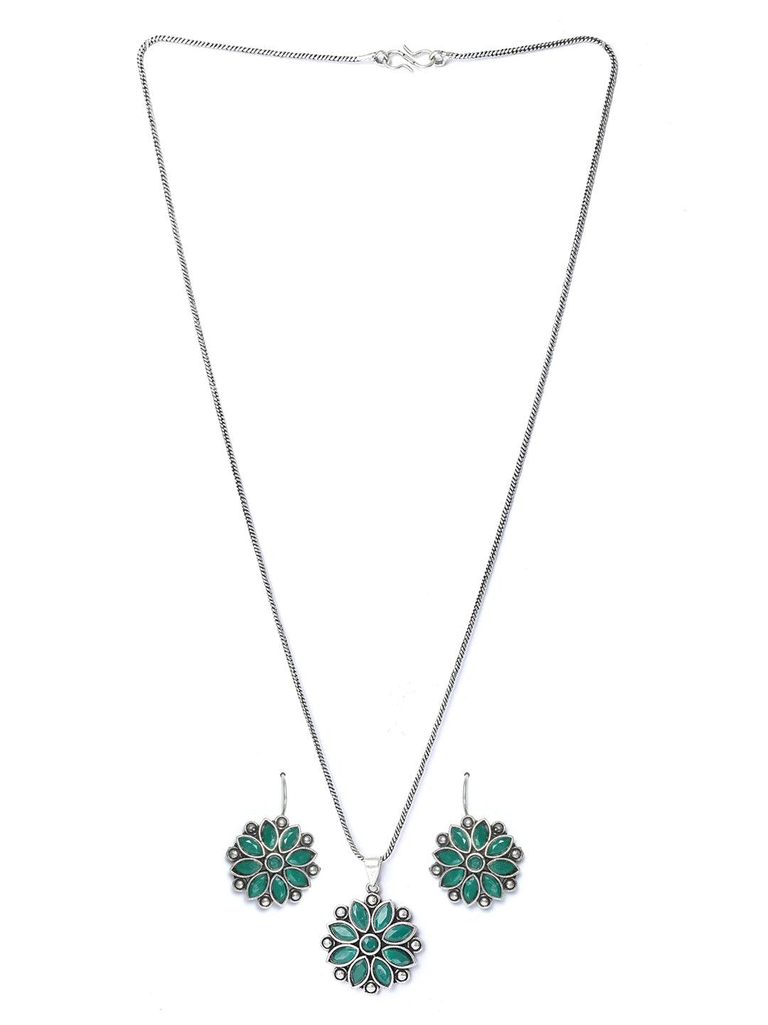 Women's Green Floral Silver Plated Jewellery Set- Priyaasi - Indiakreations