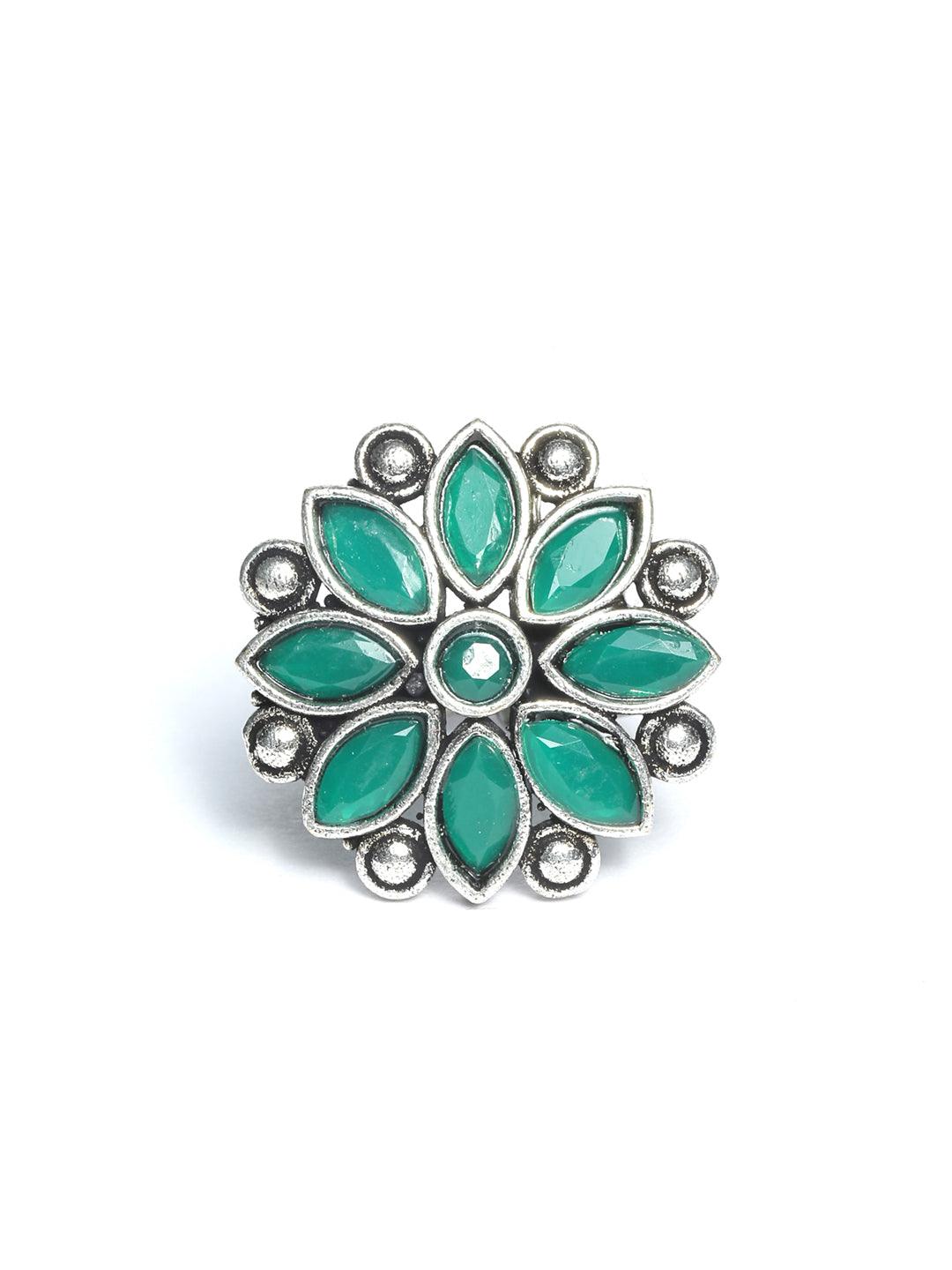 Women's Green Floral Silver Plated Jewellery Set- Priyaasi - Indiakreations