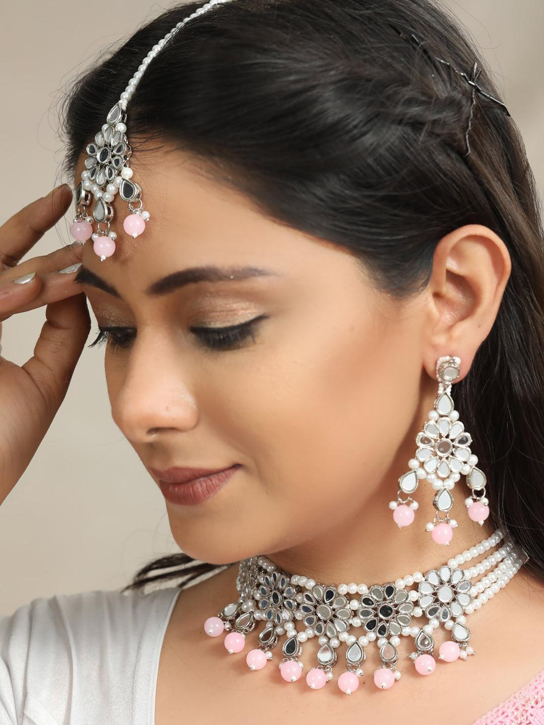 Women's White Pink Silver Plated Choker Set with MaangTikka - Priyaasi - Indiakreations