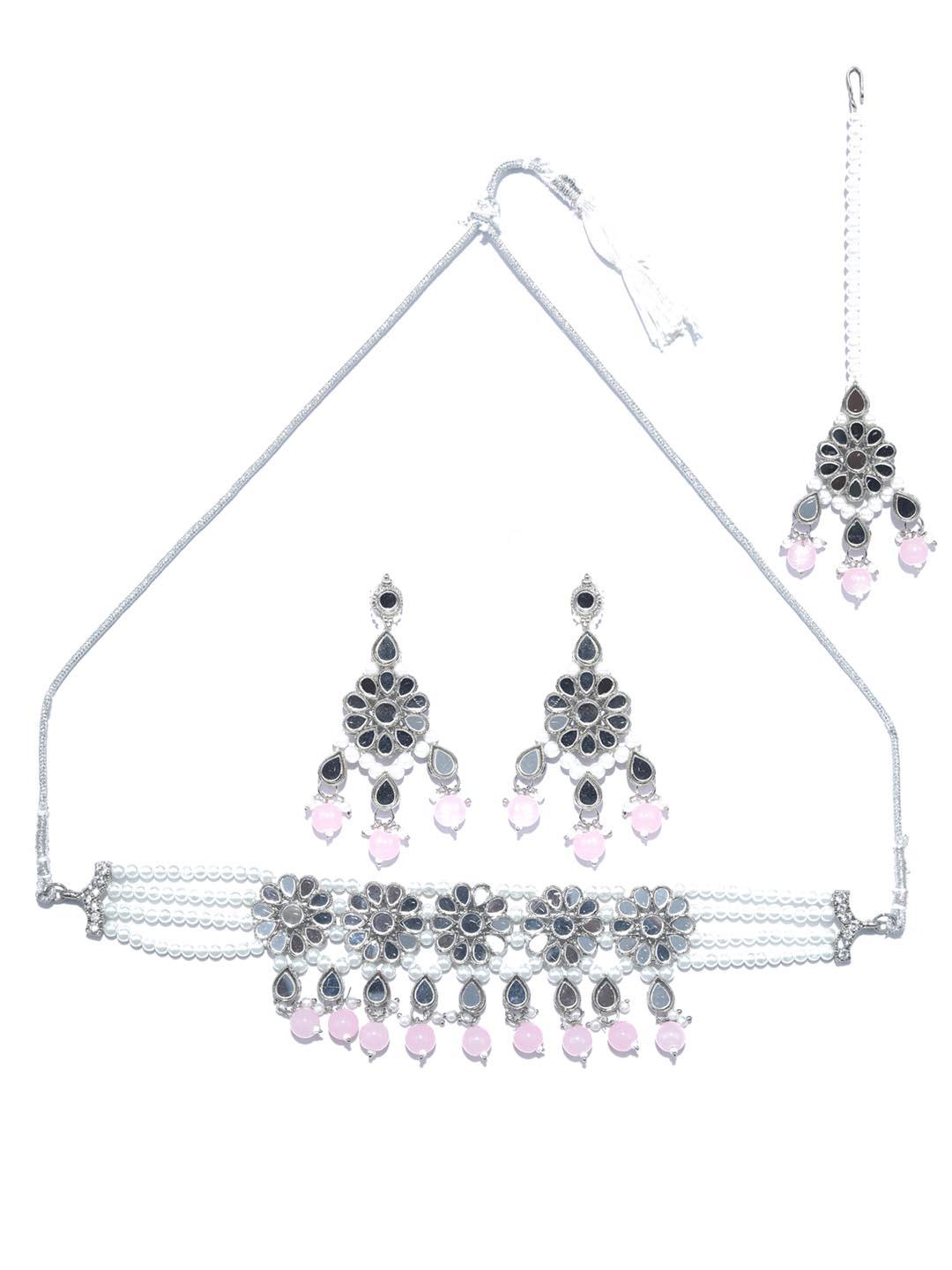 Women's White Pink Silver Plated Choker Set with MaangTikka - Priyaasi - Indiakreations