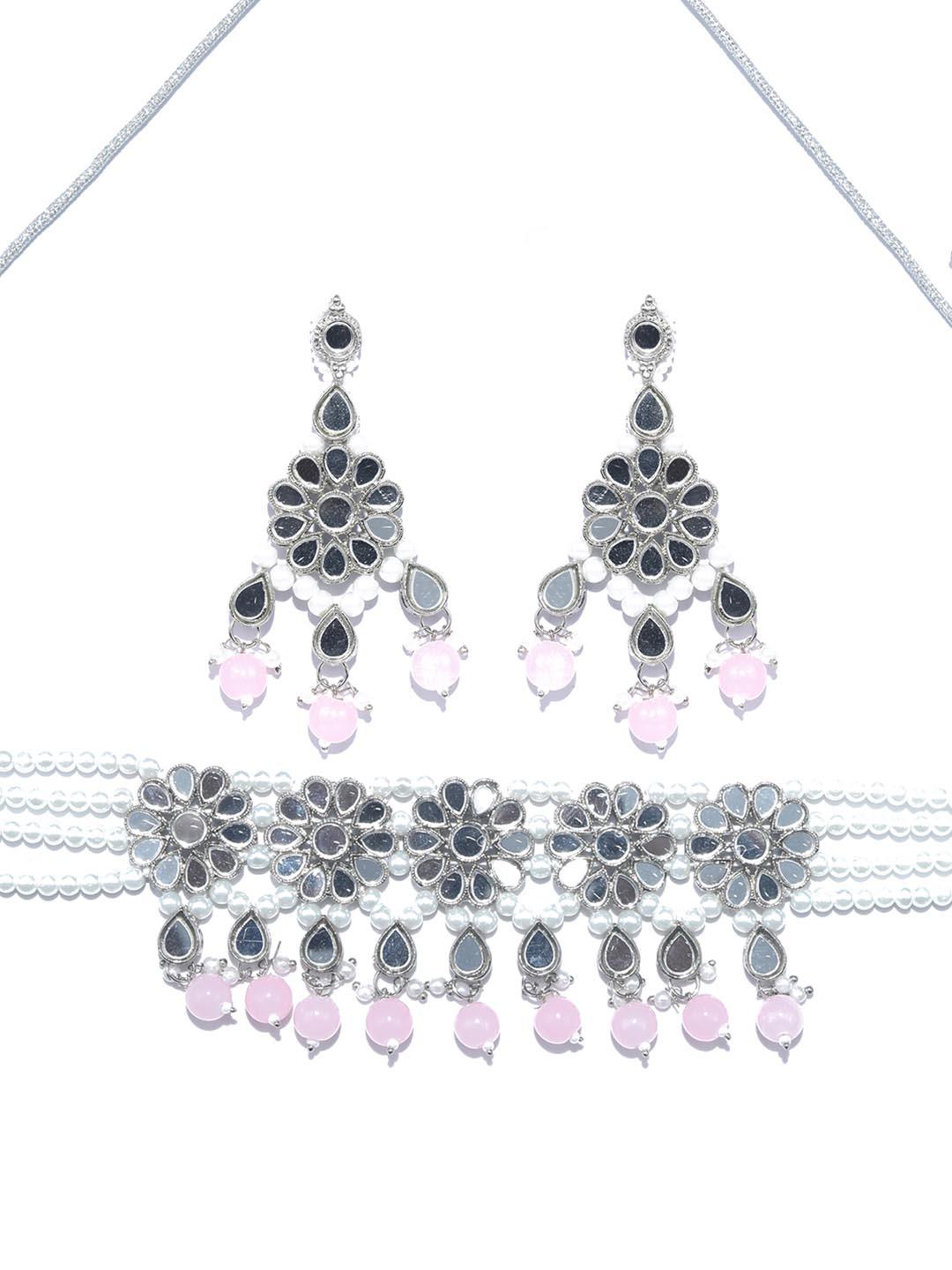 Women's White Pink Silver Plated Choker Set with MaangTikka - Priyaasi - Indiakreations