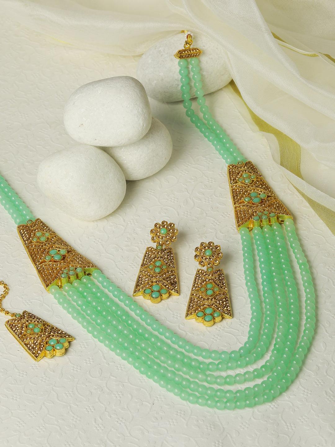 Women's Mint Green American Diamond Gold Plated Choker Set with MaangTikka - Priyaasi - Indiakreations