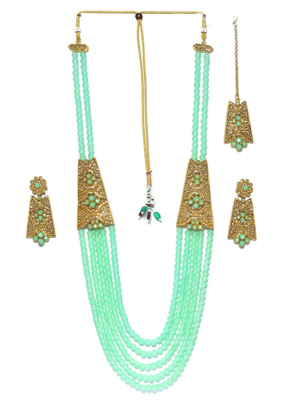 Women's Mint Green American Diamond Gold Plated Choker Set with MaangTikka - Priyaasi - Indiakreations