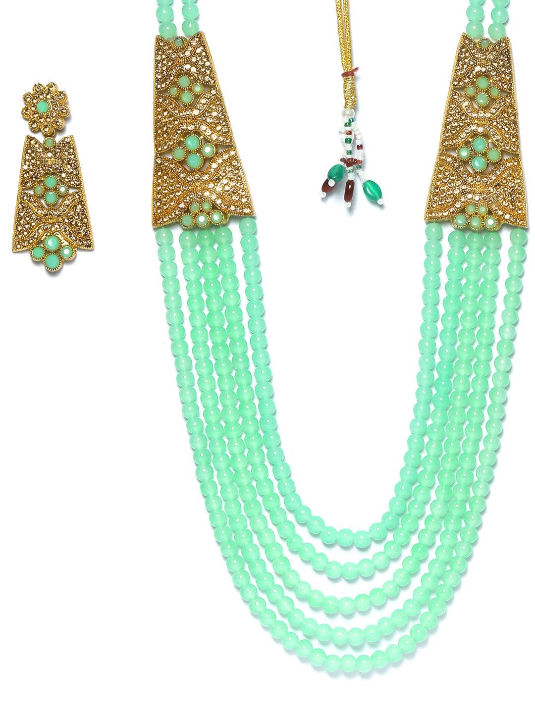 Women's Mint Green American Diamond Gold Plated Choker Set with MaangTikka - Priyaasi - Indiakreations