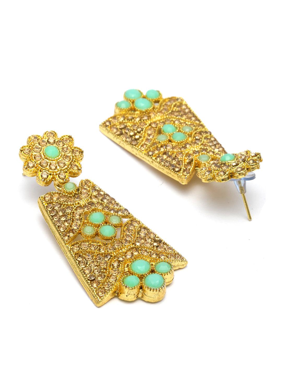 Women's Mint Green American Diamond Gold Plated Choker Set with MaangTikka - Priyaasi - Indiakreations