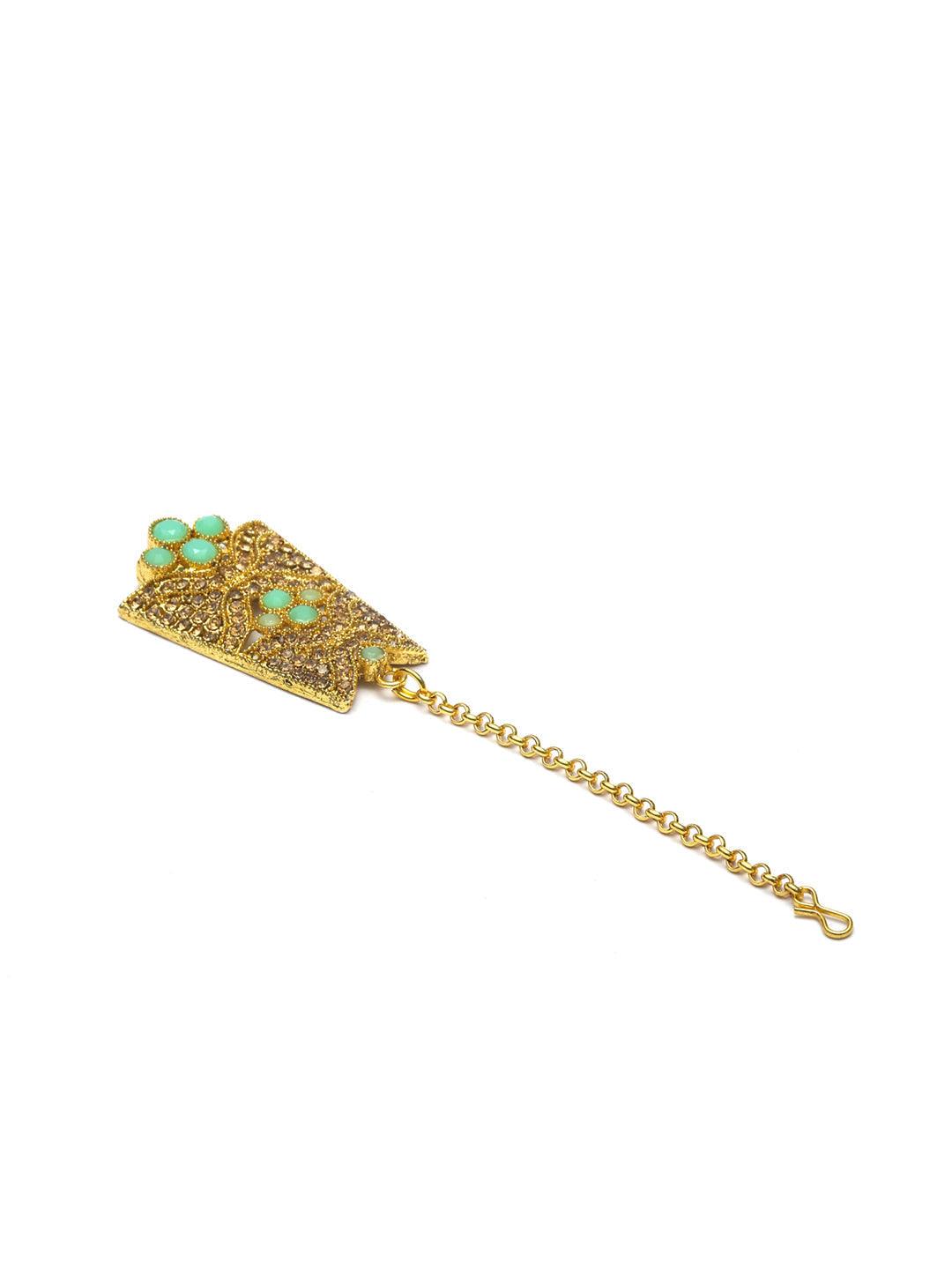 Women's Mint Green American Diamond Gold Plated Choker Set with MaangTikka - Priyaasi - Indiakreations