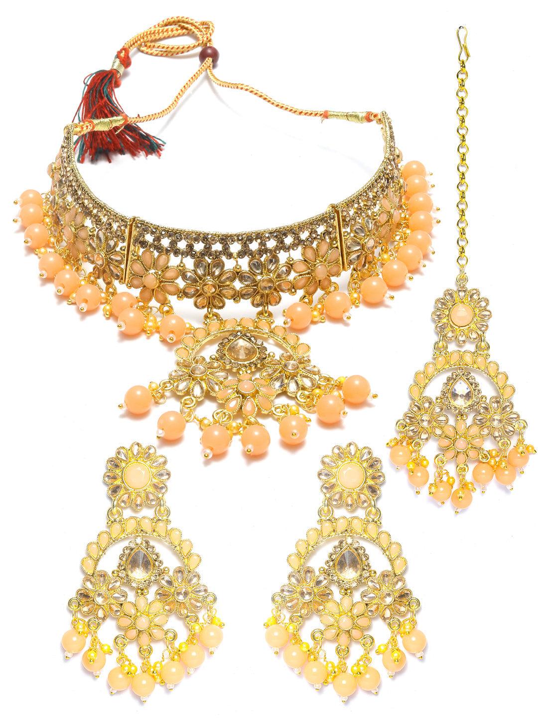 Women's Peach Kundan Gold Plated Floral Choker Set with MaangTikka - Priyaasi - Indiakreations