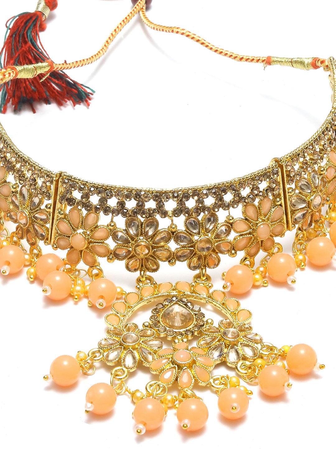 Women's Peach Kundan Gold Plated Floral Choker Set with MaangTikka - Priyaasi - Indiakreations