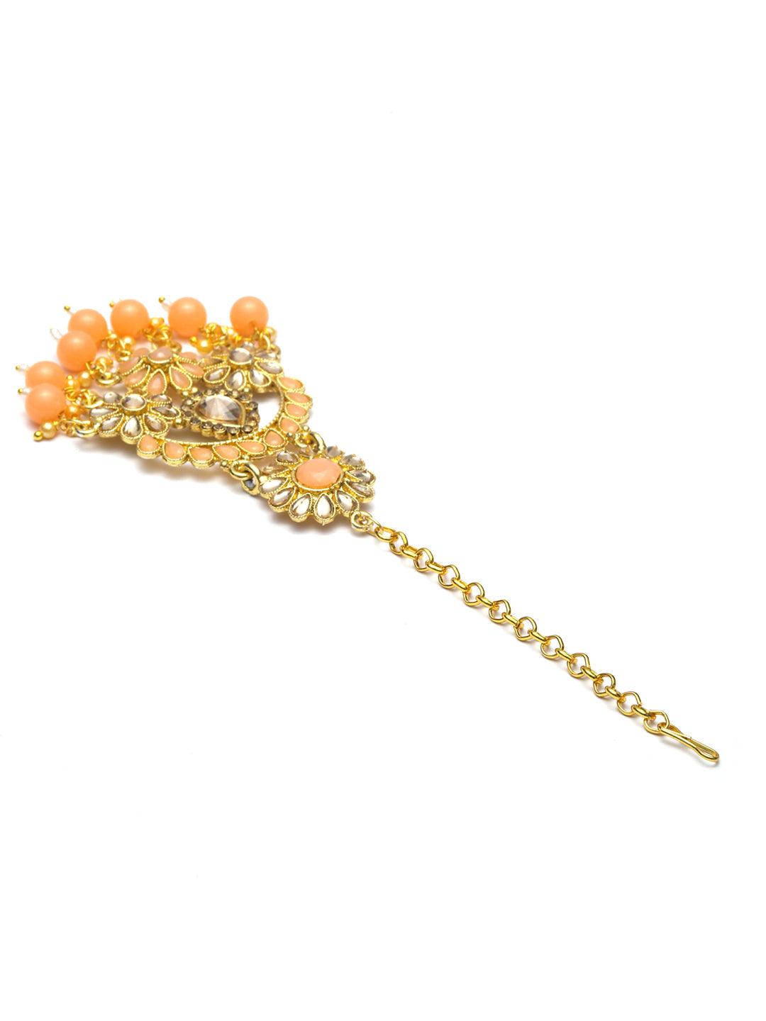 Women's Peach Kundan Gold Plated Floral Choker Set with MaangTikka - Priyaasi - Indiakreations