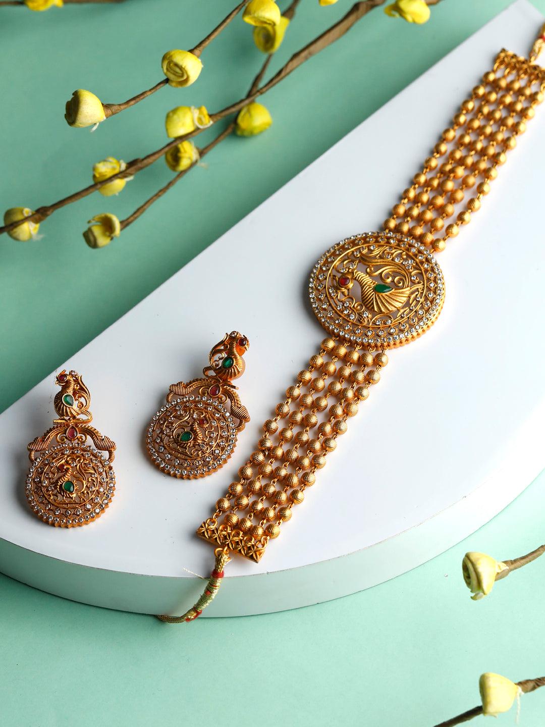 Women's Traditional Ruby & Emerald Gold Plated Peacock Jewellery Set- Priyaasi - Indiakreations