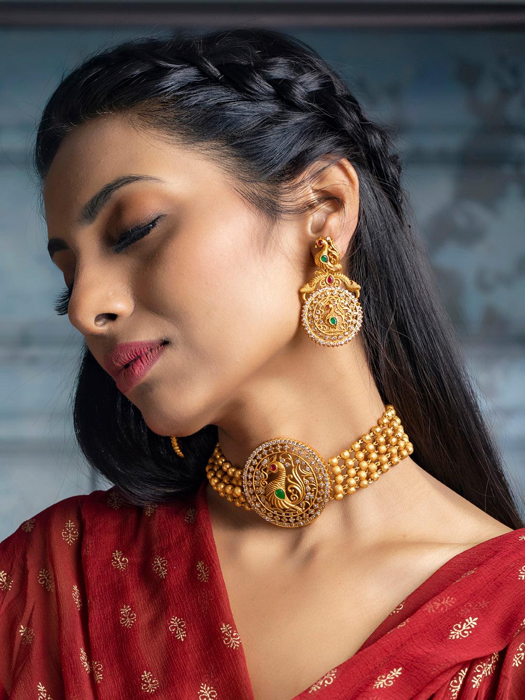 Women's Traditional Ruby & Emerald Gold Plated Peacock Jewellery Set- Priyaasi - Indiakreations