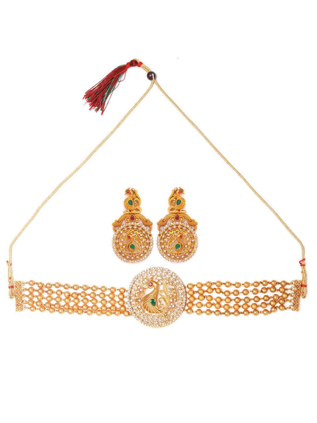 Women's Traditional Ruby & Emerald Gold Plated Peacock Jewellery Set- Priyaasi - Indiakreations