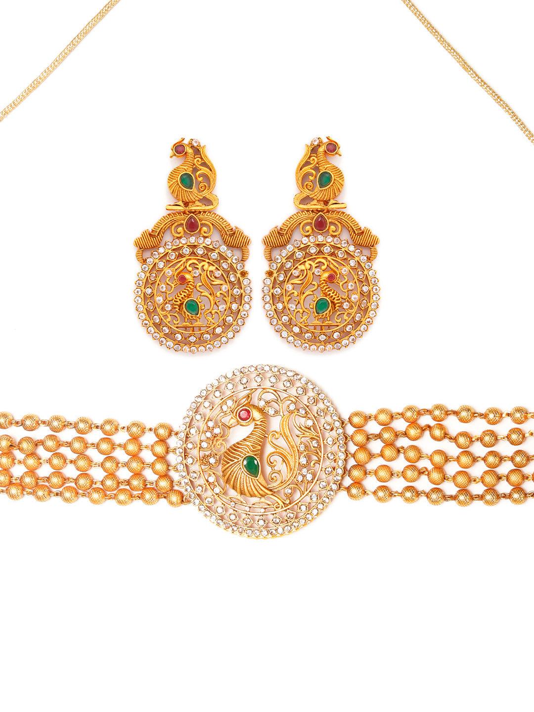 Women's Traditional Ruby & Emerald Gold Plated Peacock Jewellery Set- Priyaasi - Indiakreations