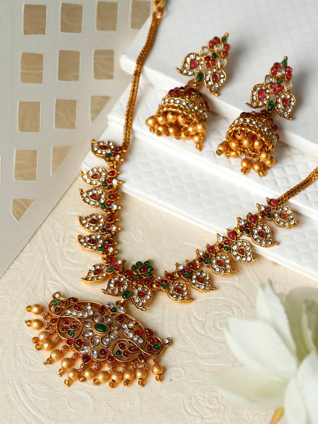 Women's Traditional Ruby & Emerald Floral Jewellery Set- Priyaasi - Indiakreations