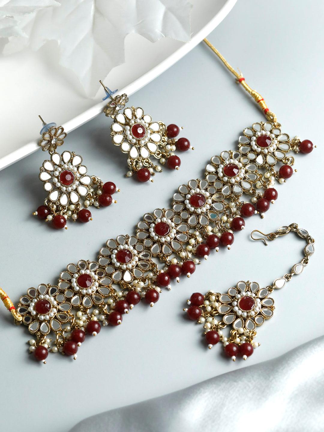 Women's Mirror Studded Maroon Floral Jewellery Set - Priyaasi - Indiakreations