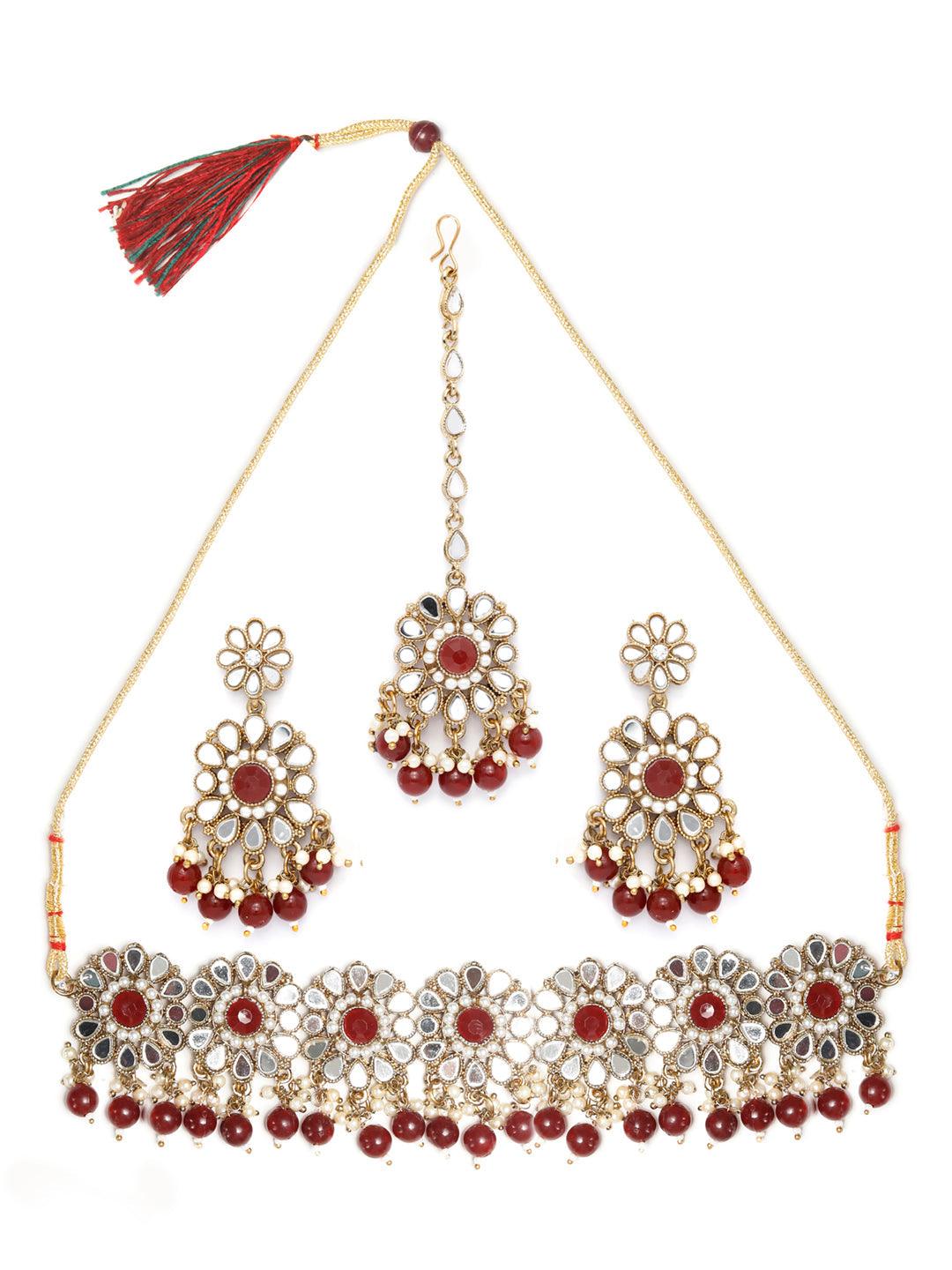 Women's Mirror Studded Maroon Floral Jewellery Set - Priyaasi - Indiakreations