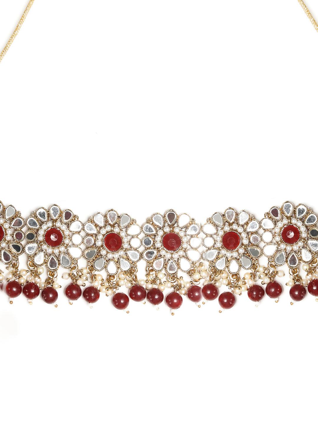 Women's Mirror Studded Maroon Floral Jewellery Set - Priyaasi - Indiakreations