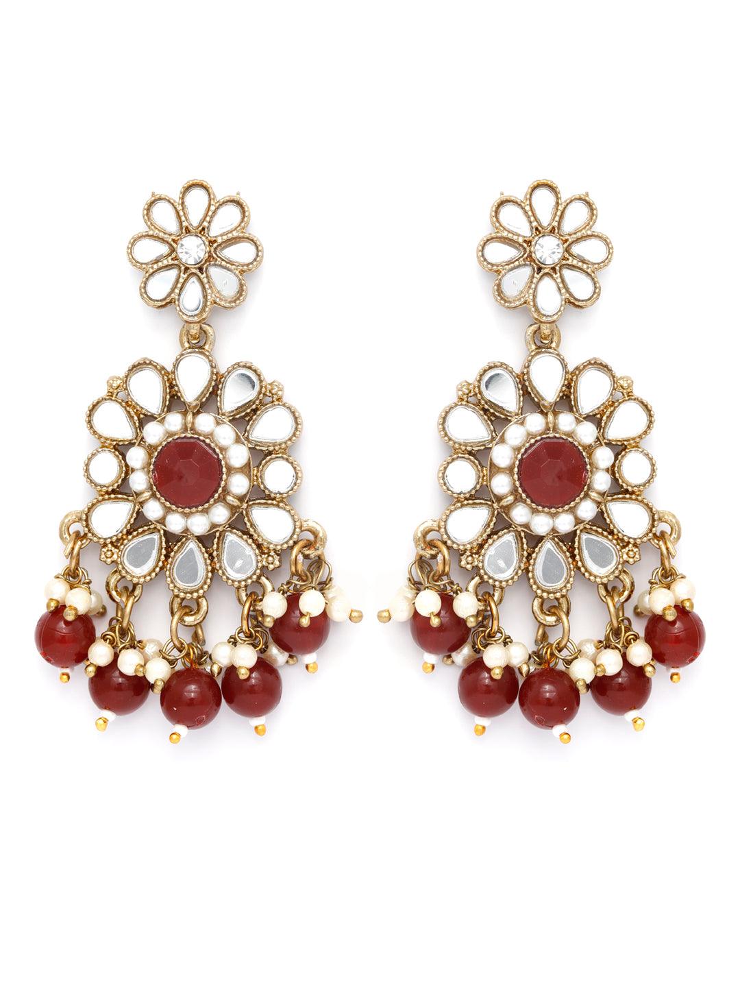 Women's Mirror Studded Maroon Floral Jewellery Set - Priyaasi - Indiakreations