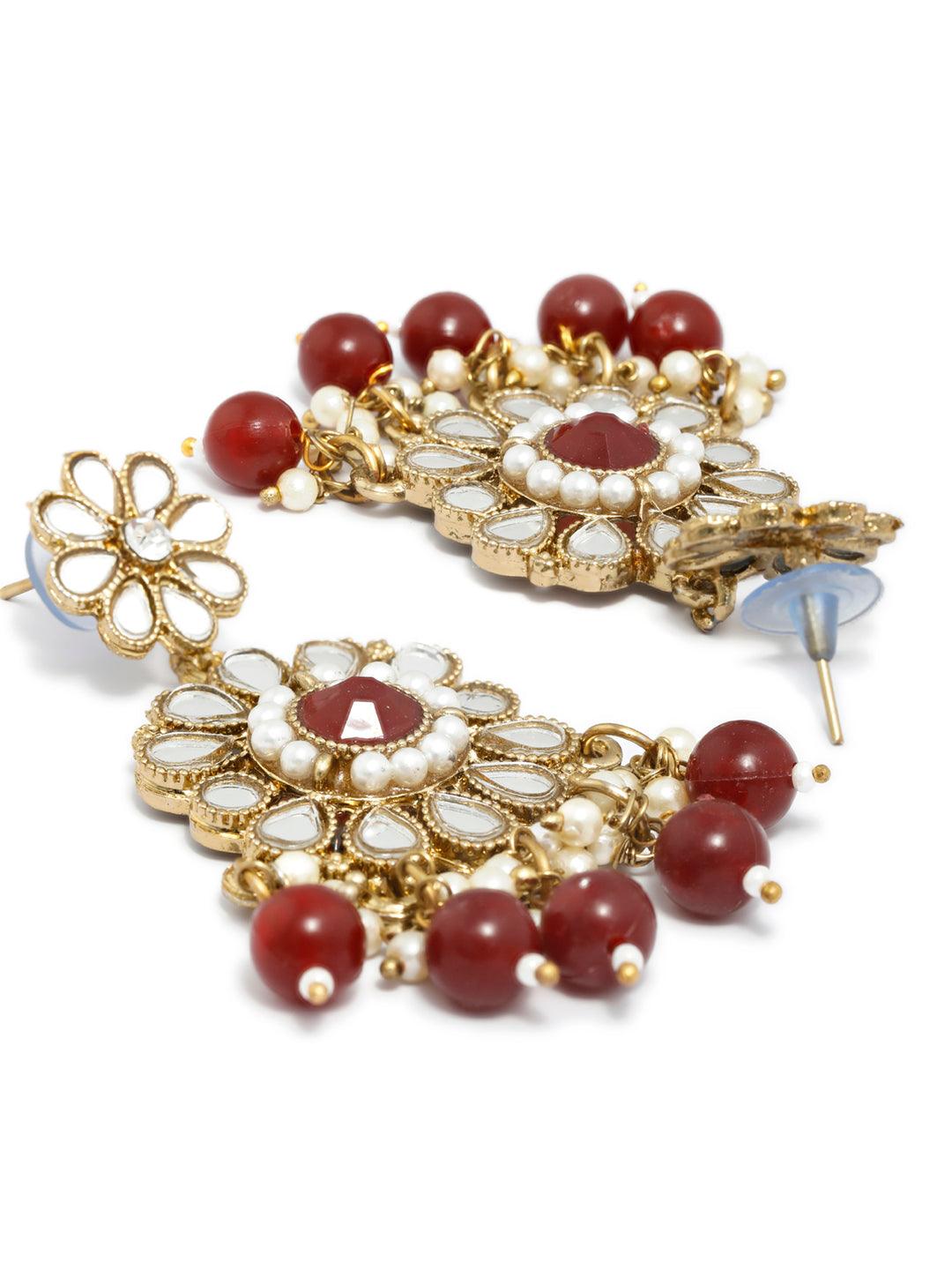 Women's Mirror Studded Maroon Floral Jewellery Set - Priyaasi - Indiakreations